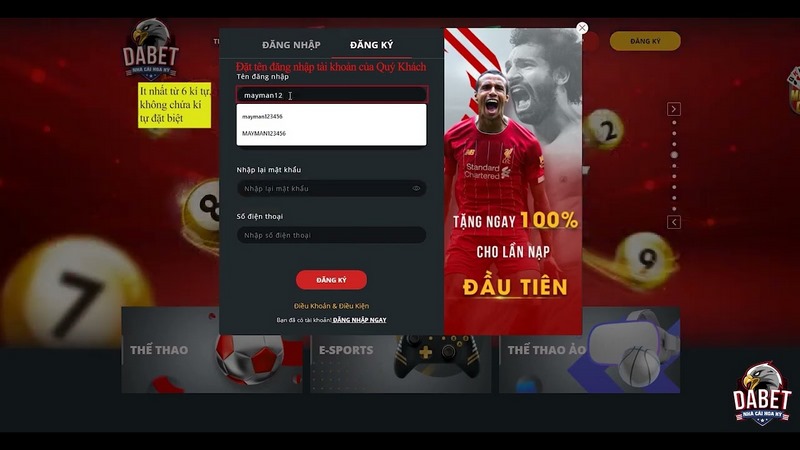 Đăng ký tài khoản giải trí tại Dabet cực đơn giản